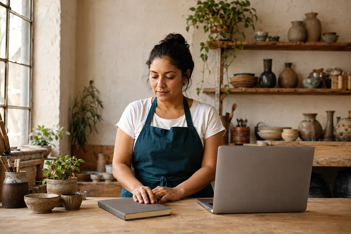 Escena ilustrativa de una emprendedora organizando sus registros en un estudio de cerámica.